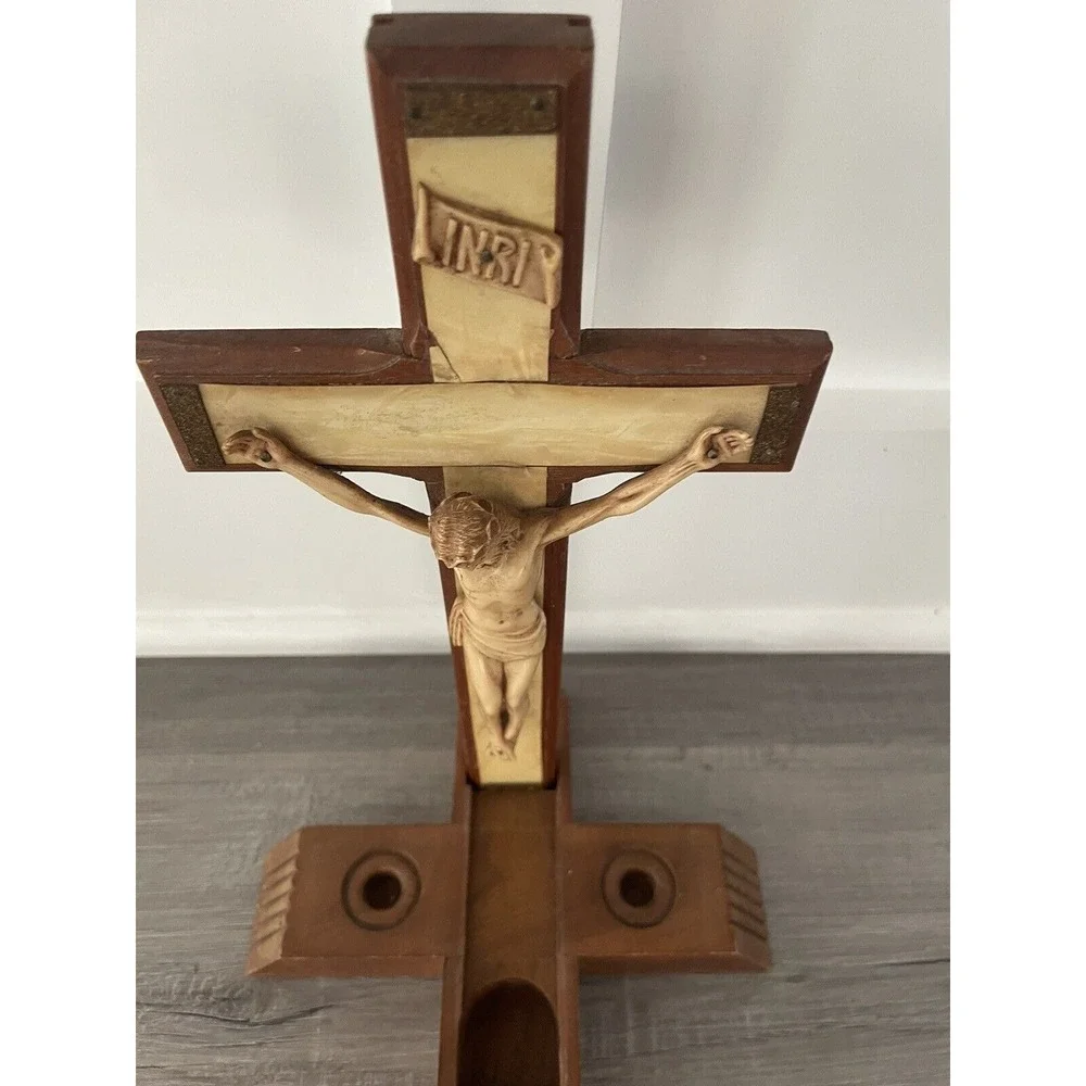 Vintage Mother‎ of Pearl Wood Crucifix Last Rites Sick Catholic Cross